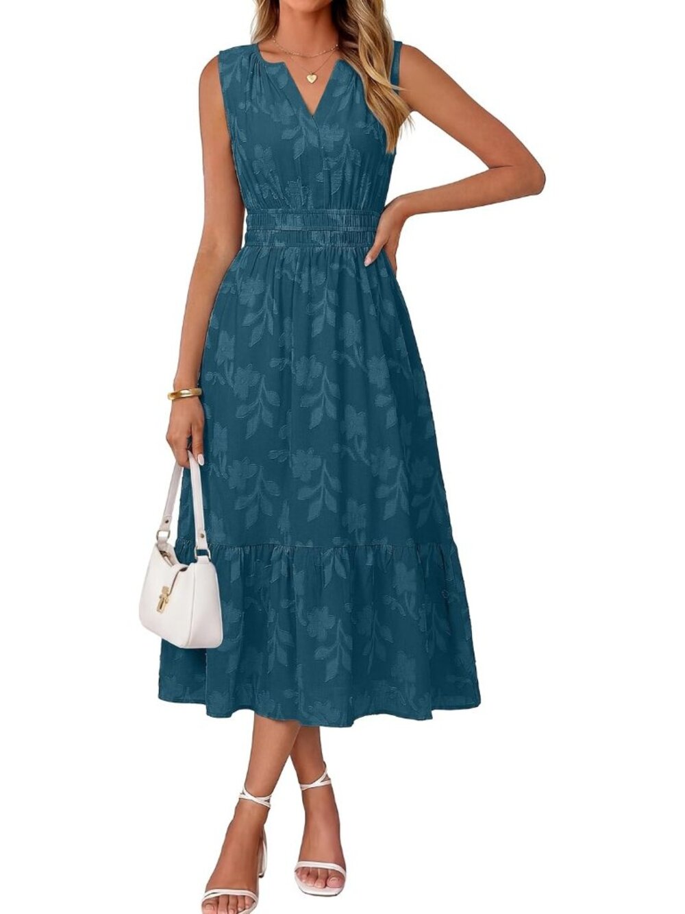 Women's Lake Blue Sleeveless V Neck A LINE Floral Casual Imported Maxi Dress